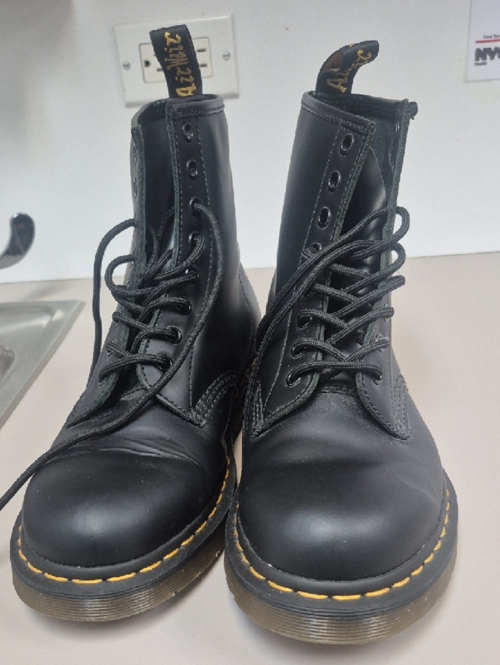 Dr. Martens Black Leather 8-Eye Boots with Yellow Stitching